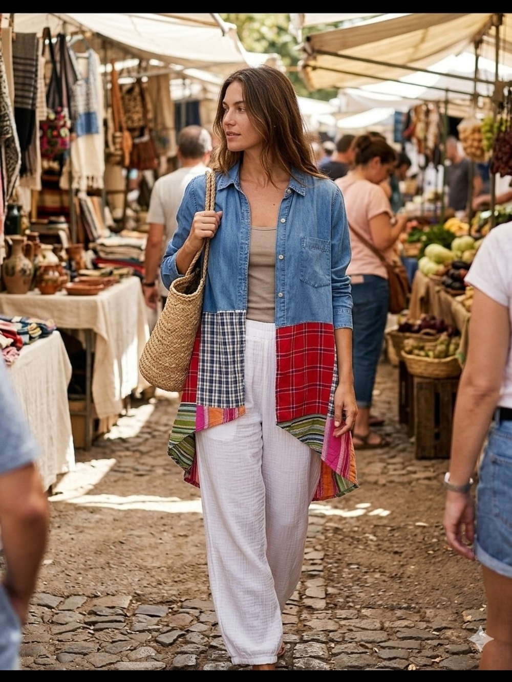 OOAK Boho Patchwork  Soft Duster with Colorful Plaid Panels SM-XL